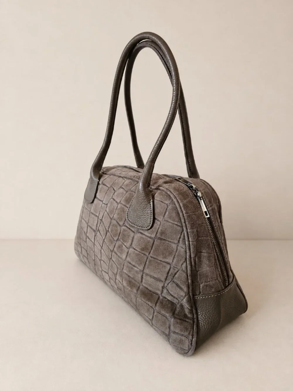 Taupe Italian Leather & Croc-Embossed Suede Shoulder Bag – Large Dome Handbag